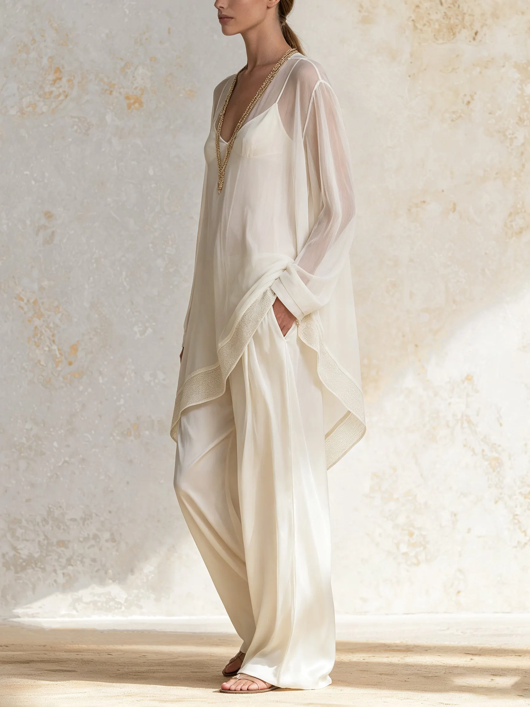 Women’s 3-Piece Layered Lounge Set – Elegant Boho Tunic & Wide-Leg Pants Set