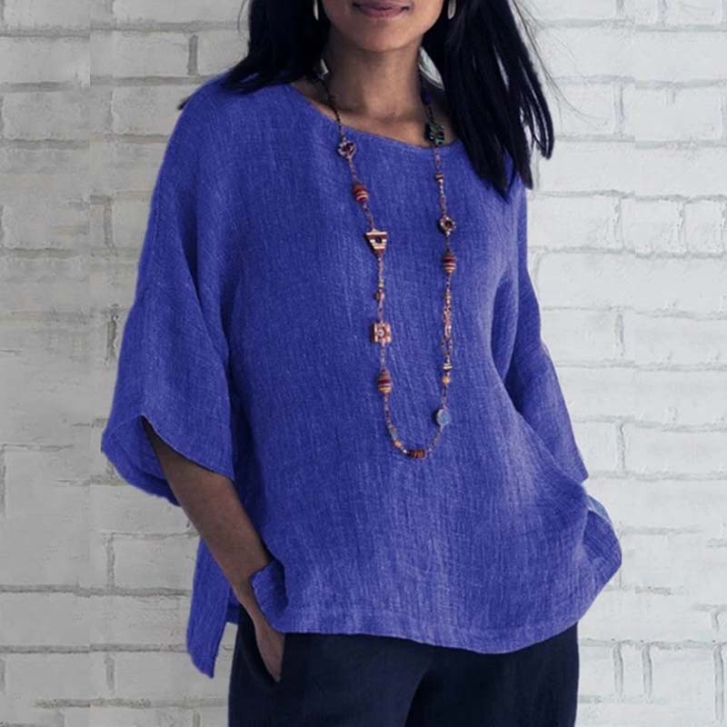 3/4 Sleeve Round Neck Cotton & Linen T-Shirt