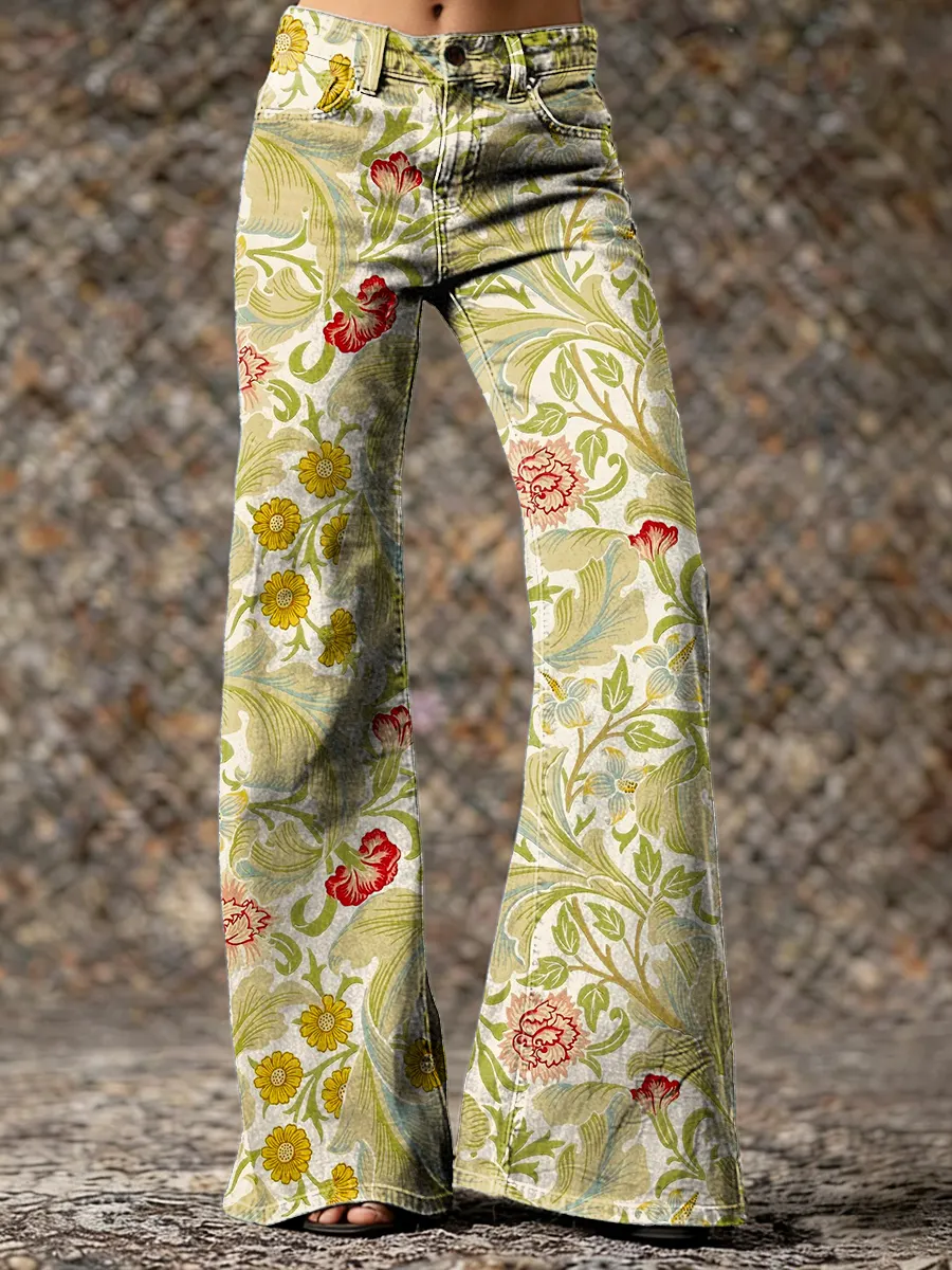 Womens Vintage Ethnic Green Floral Art Printed Casual Slim Denim Wide Leg Pants