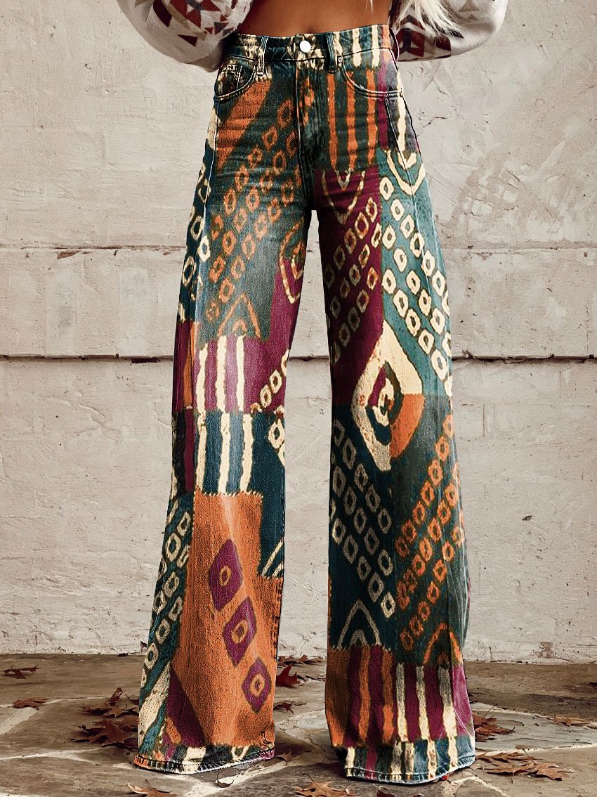Vintage Lrregular Texture Contrasting Print Casual Wide-Leg Pants