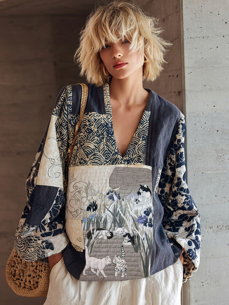 Retro Cat With Japanese Patchwork Art Print Comfy Top