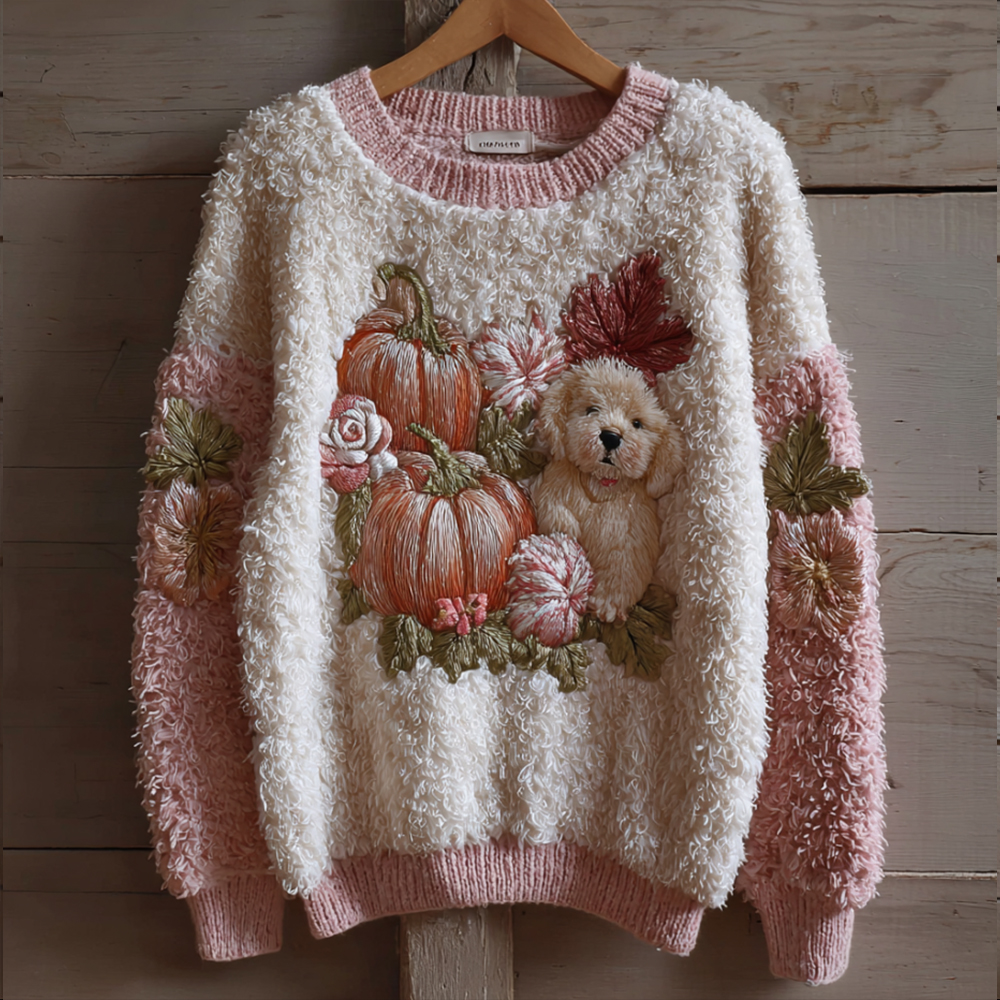 Cute Puppy And Pumpkin Pink White Spliced Warm Sweater