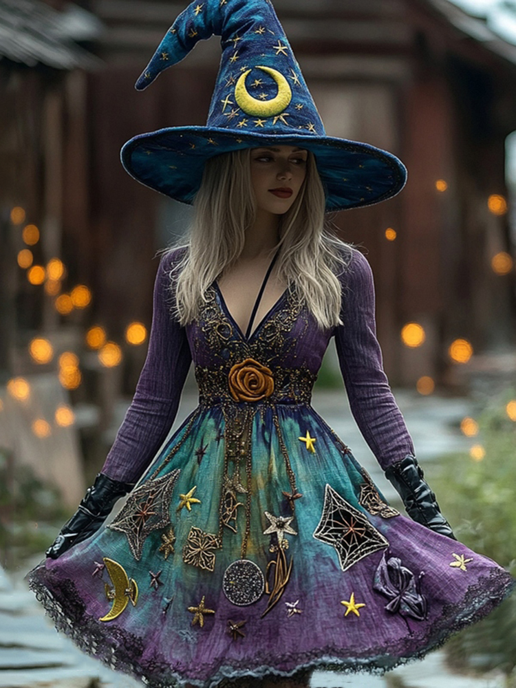 Women's Boho Witch Gradient Tarot Star Moon Witch Midi Evening Dress
