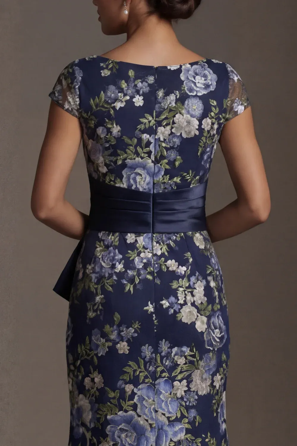 Navy Bateau Neck Cap Sleeve Floral Mermaid Maxi Dress