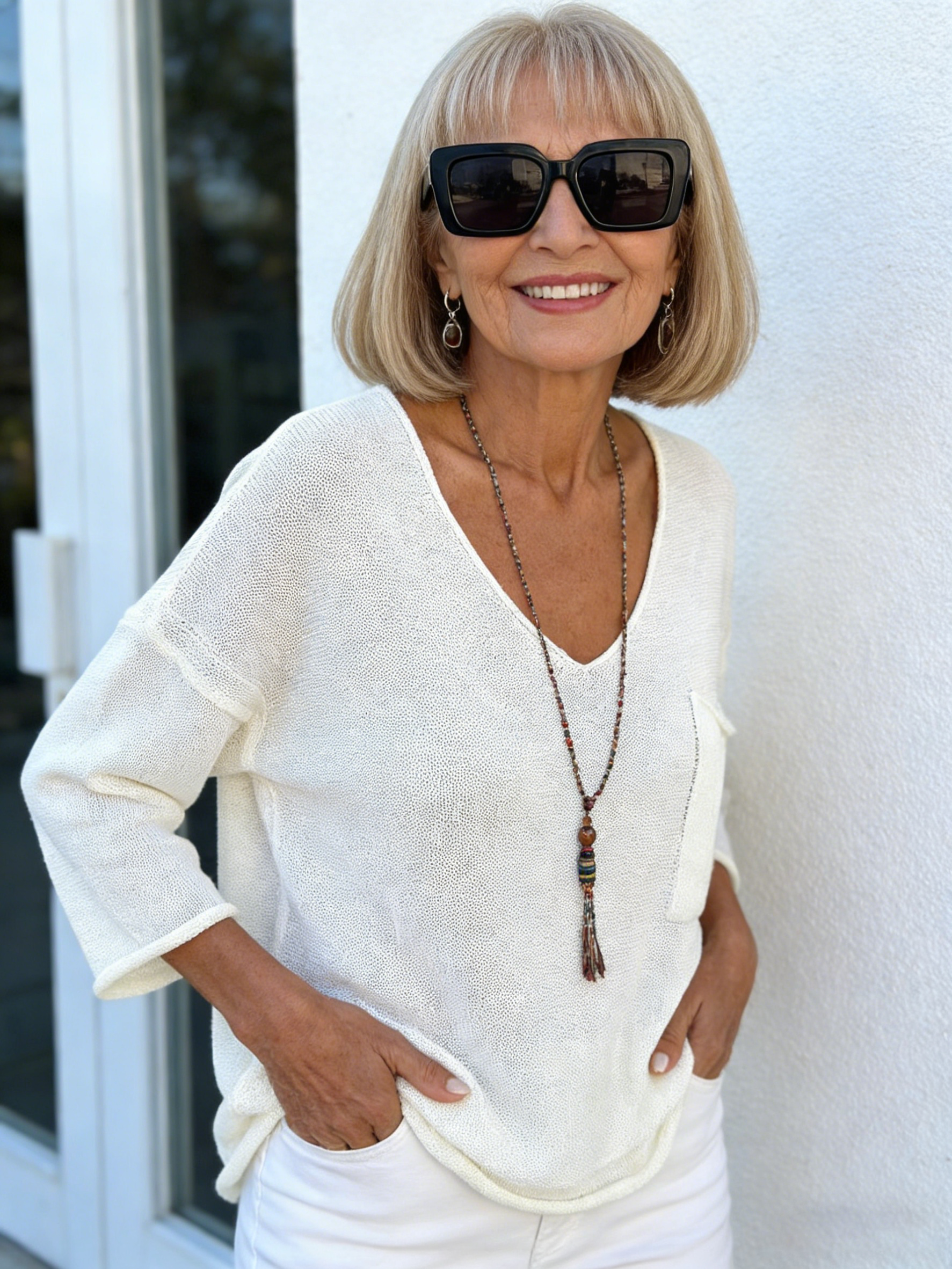 Taupe V-Neck 3/4-Sleeve Knit Top