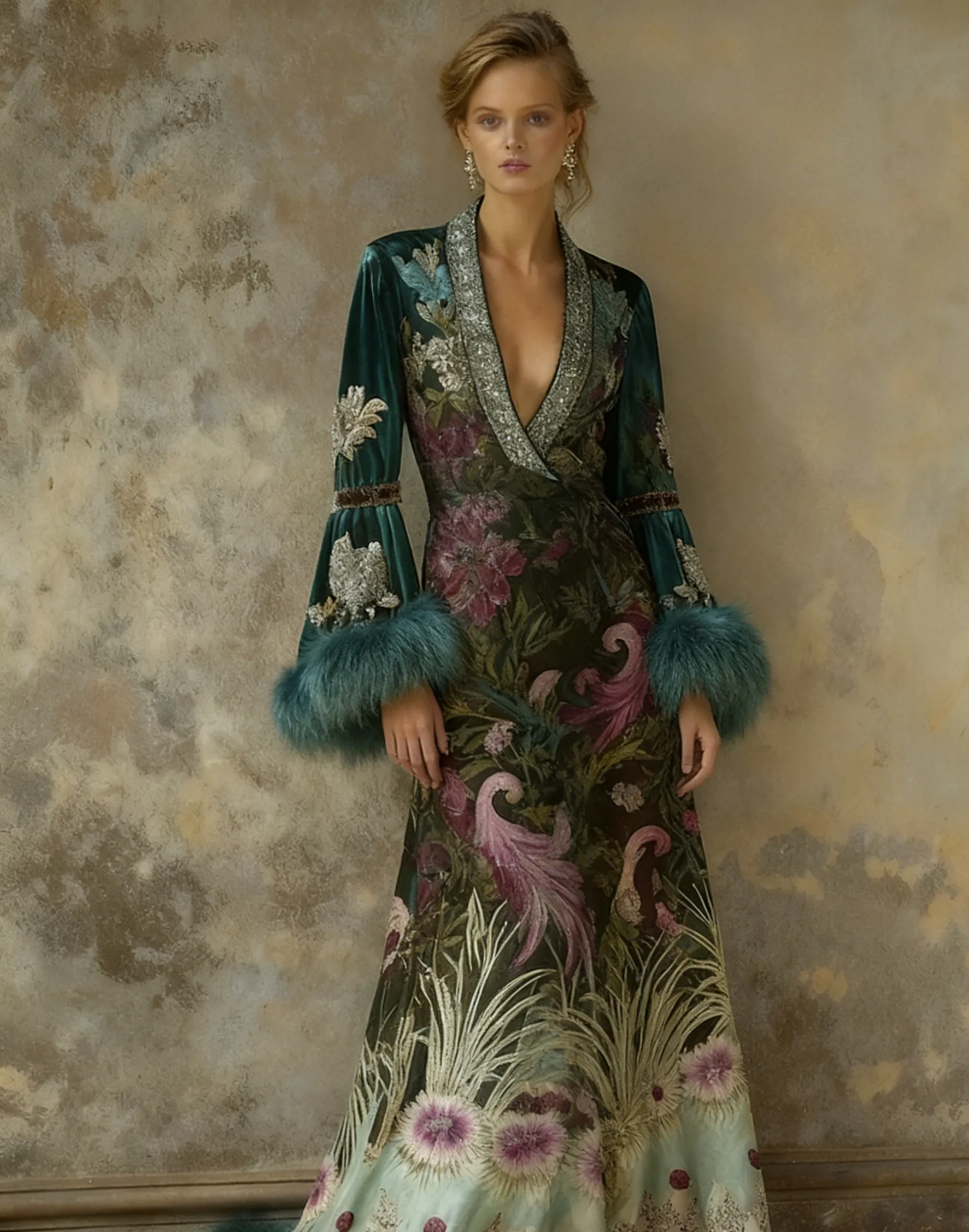 Artistic floral print kimono robe, autumn/winter long robe with sash.
