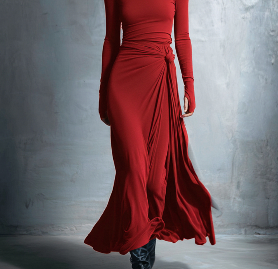 Women's Gray Exquisite Stretch Blended Fabric Wrap Dress - Knotted Maxi Dress