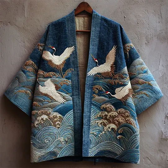 Japanese Cranes & Pine Trees Embroidered Linen Kimono Cardigan