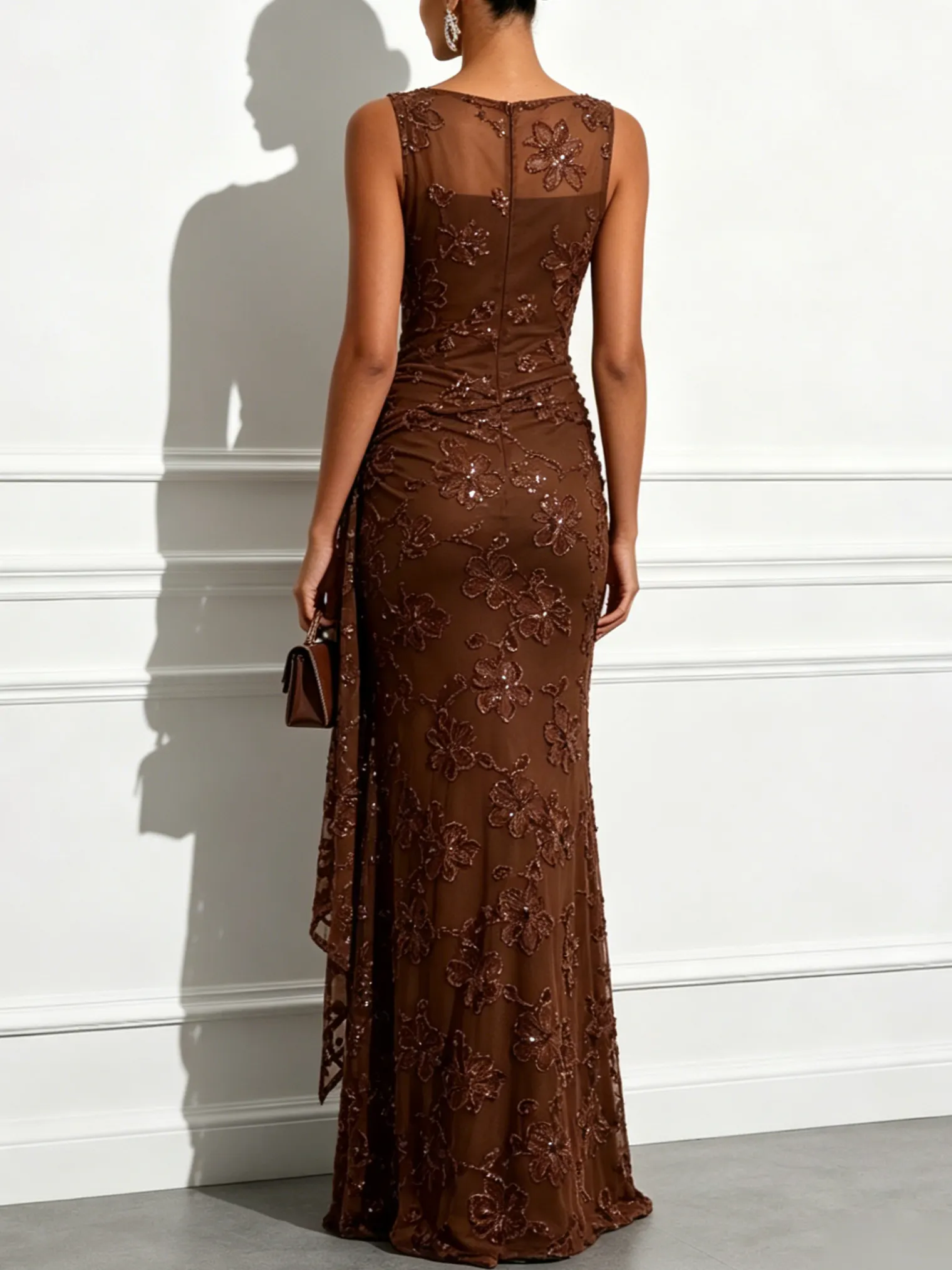 Brown Jacquard Classic Boat Neck Sleeveless Sheath Floor-length Gown
