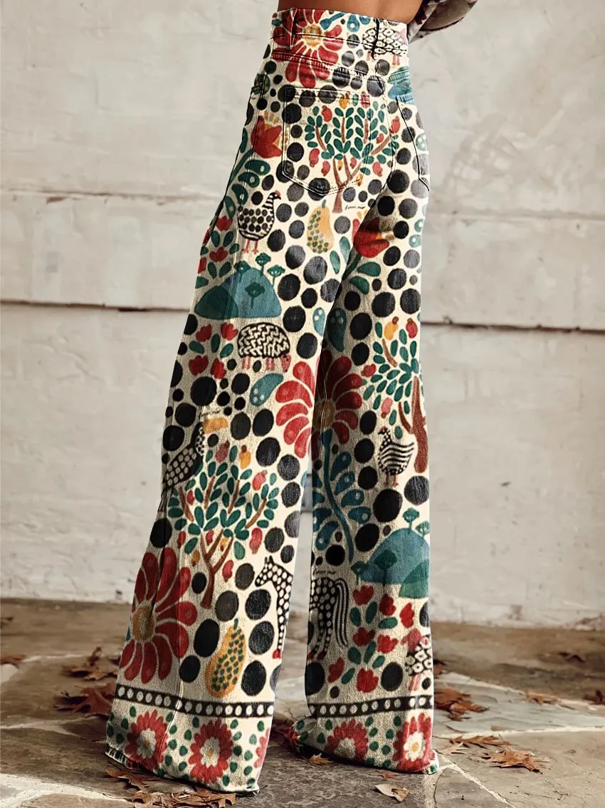 Vintage Stamen Print Casual Wide-Leg Pants