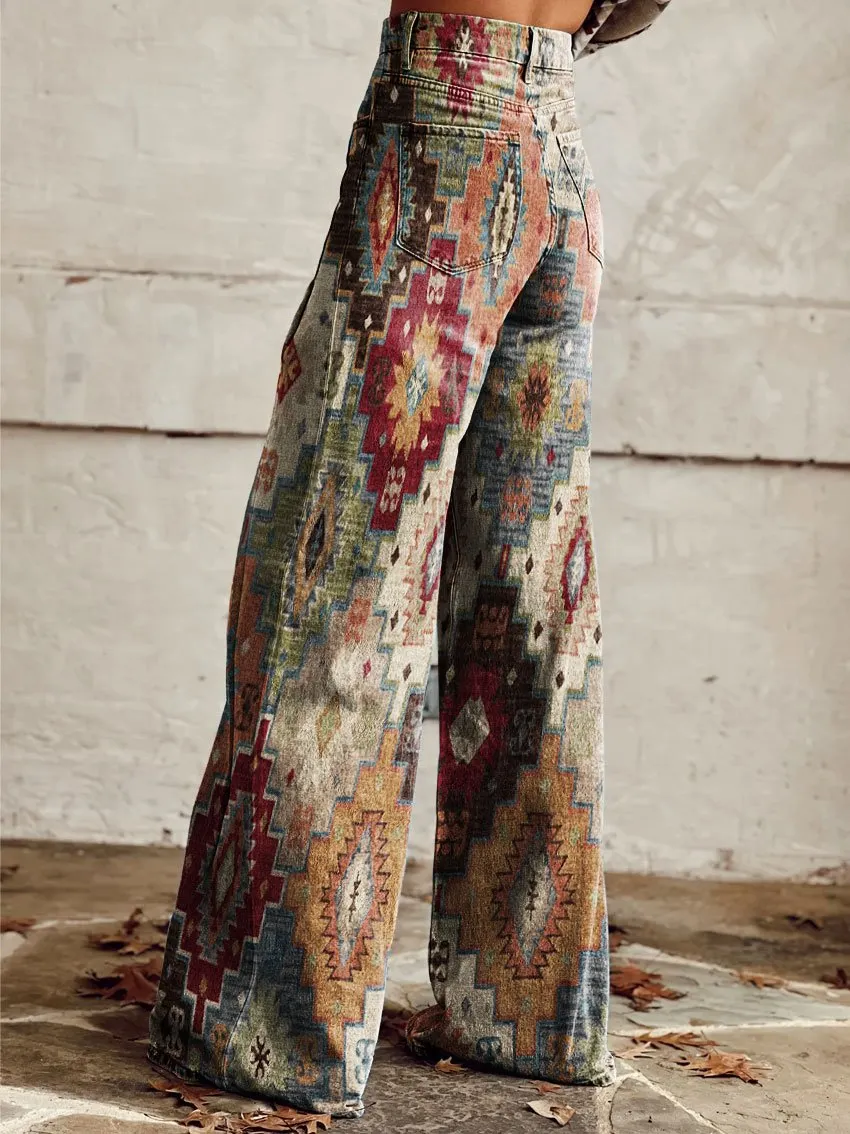 Vintage Geometric Pattern Print Casual Wide-Leg Pants