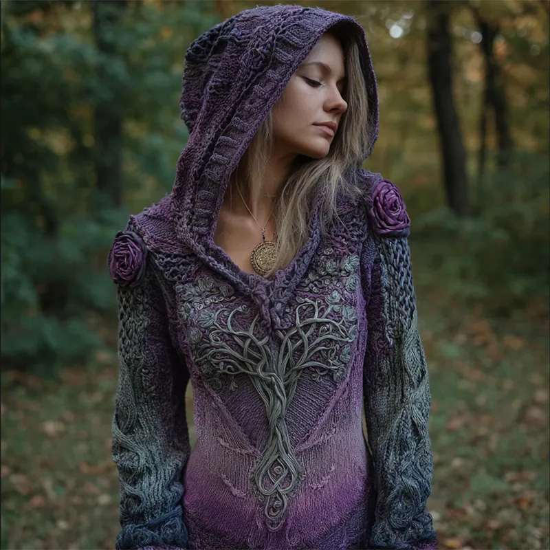 Vintage Purple Roses Tree Of Life Gradient Cozy Hooded Sweater