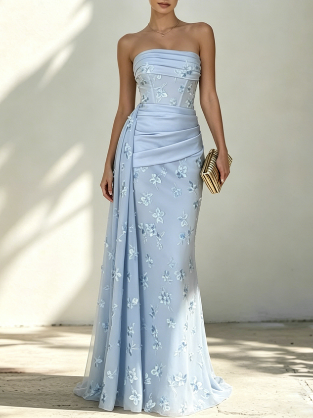 Light Blue Classic Strapless Sleeveless Mermaid Floor-length Gown
