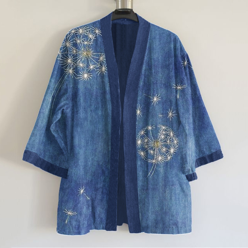 Japanese Traditional Sashiko Dandelion Art Pattern Art Print Blend Kimono Cardigan