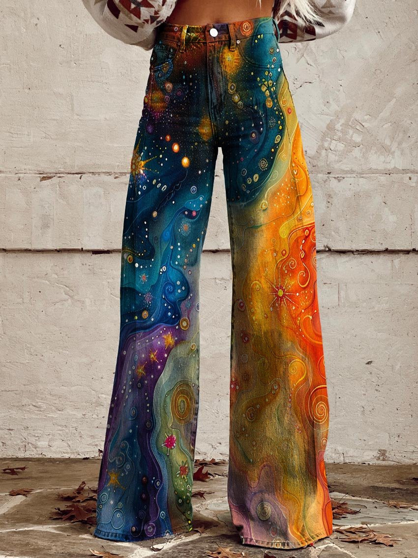 Colorful & Dreamy Starry Sky Print Casual Wide-Leg Pants
