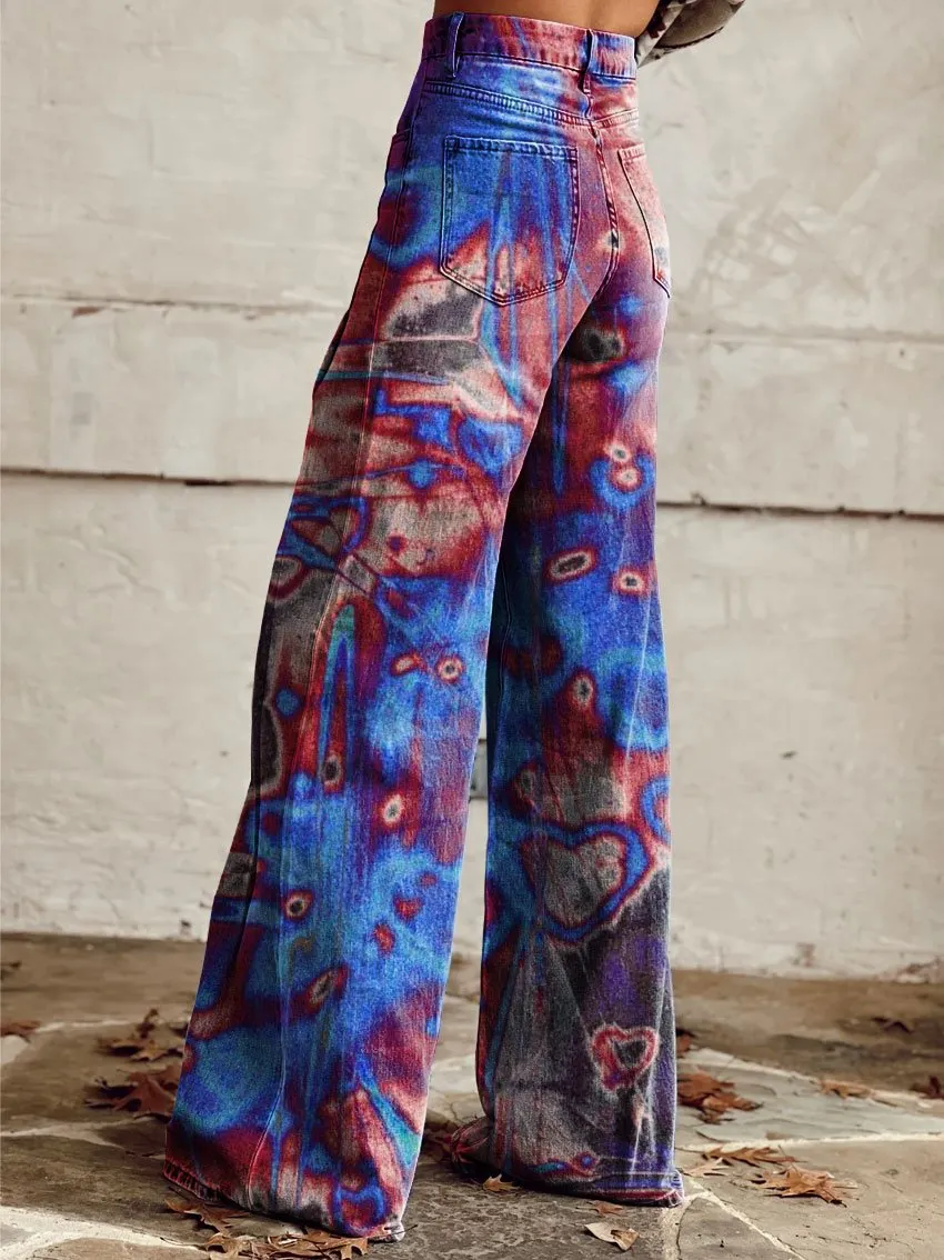 Vintage Print Casual Wide-Leg Pants