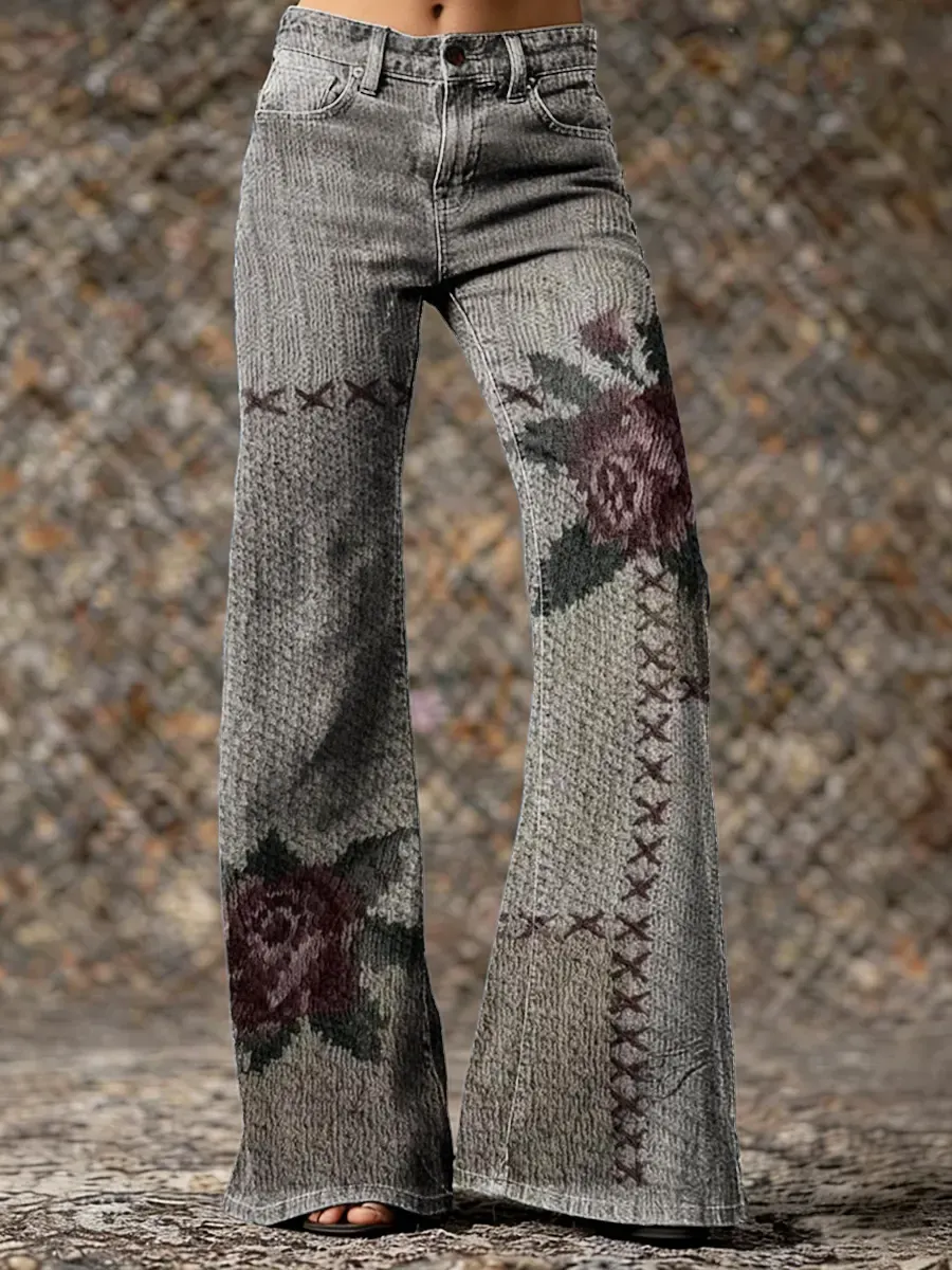 Ethnicity Flowers Lines Women's Print Casual Wide Leg Pants
