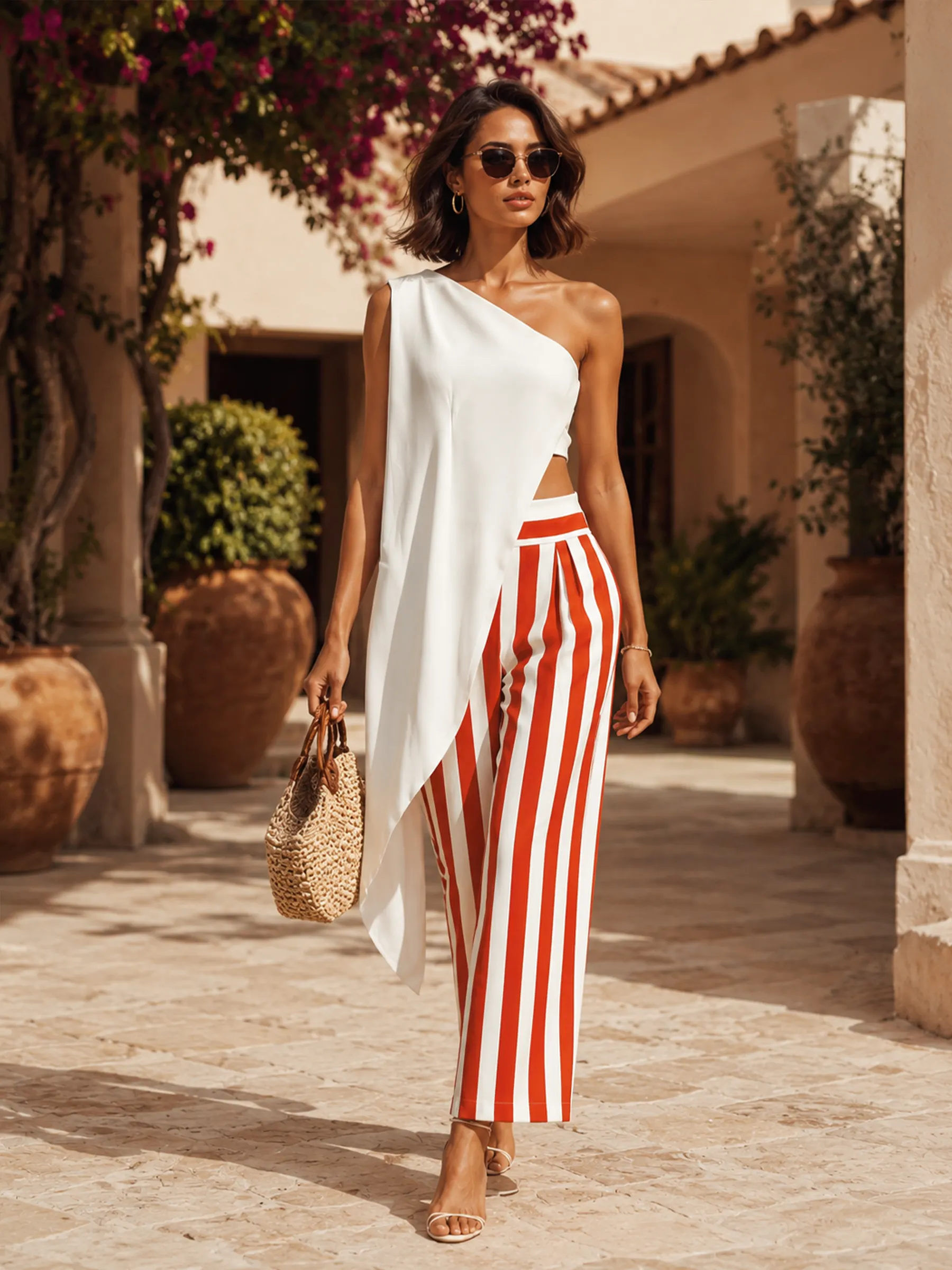 Sunset Stripes Asymmetrical One-Shoulder Two-Piece Set Effortless Vacation Glam
