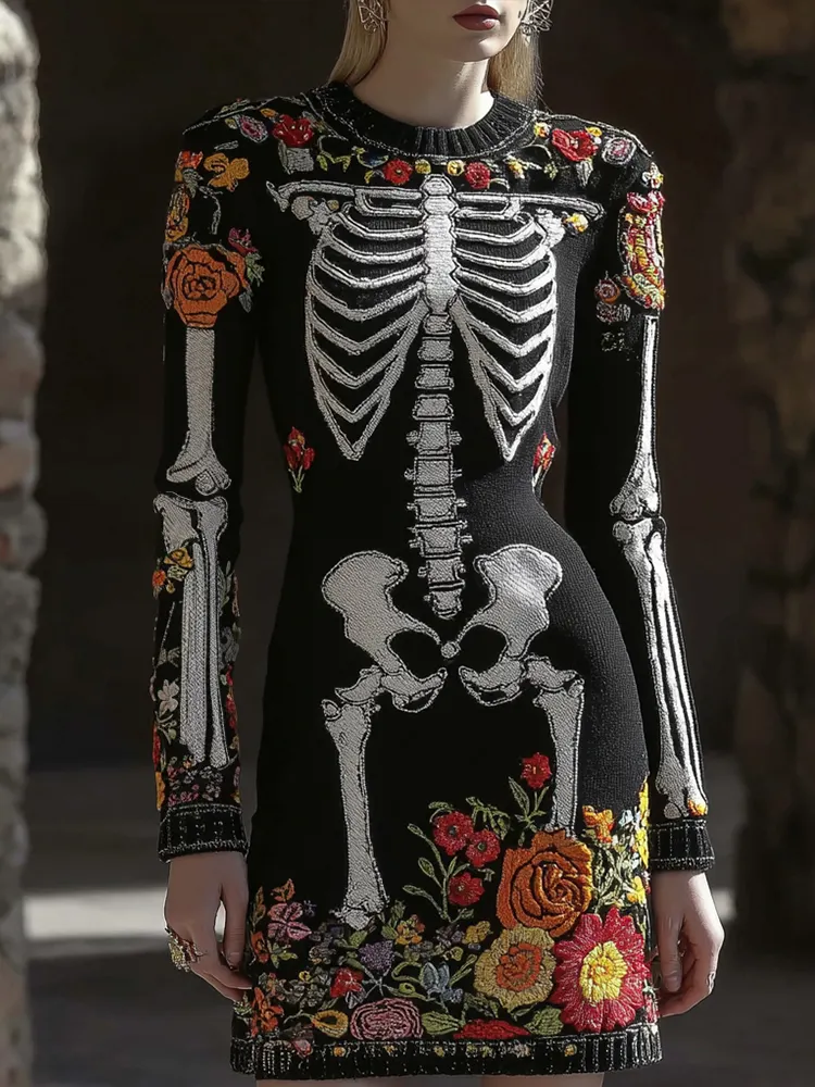 Women's Vintage Halloween Skeleton Bones  Flower Comfortable Elegant Sweater Dress