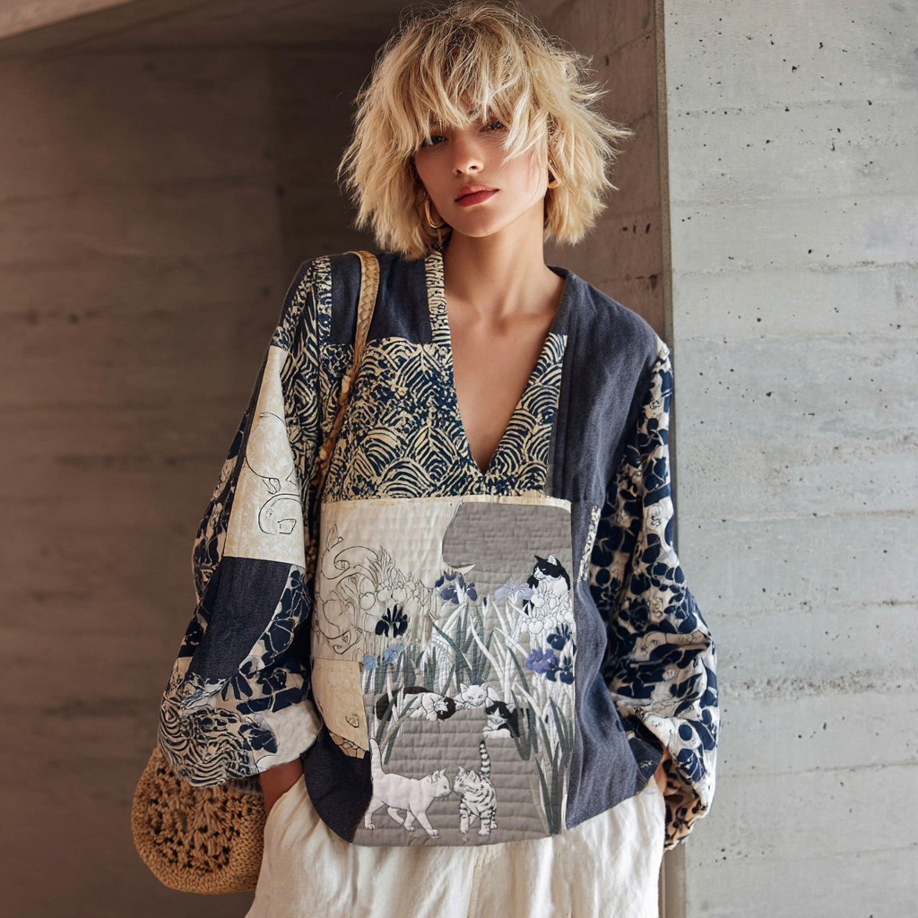 Retro Cat With Japanese Patchwork Art Print Comfy Top