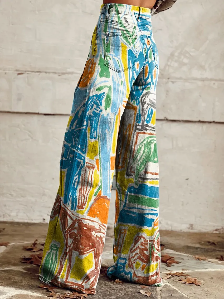 Vintage Horse Print Casual Wide-Leg Pants