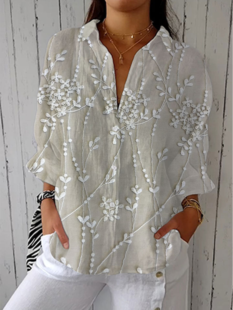 Vintage Flower Art Print Casual Linen V-neck Shirt