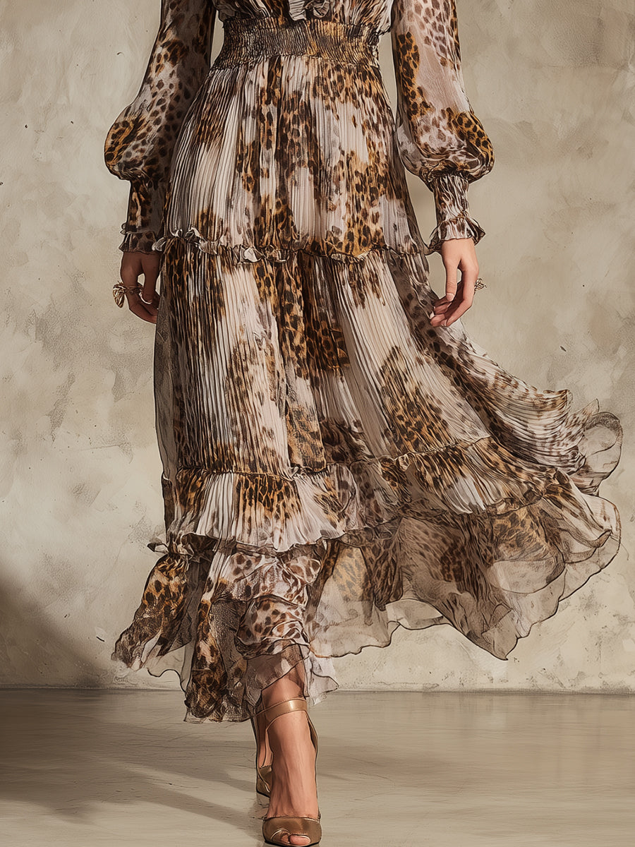Vintage Leopard Print Ruffled Neckline Pleated Chiffon Maxi Dress