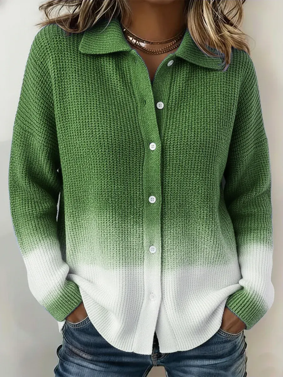 Casual Gradient Blue Shirt Button Knit Sweater