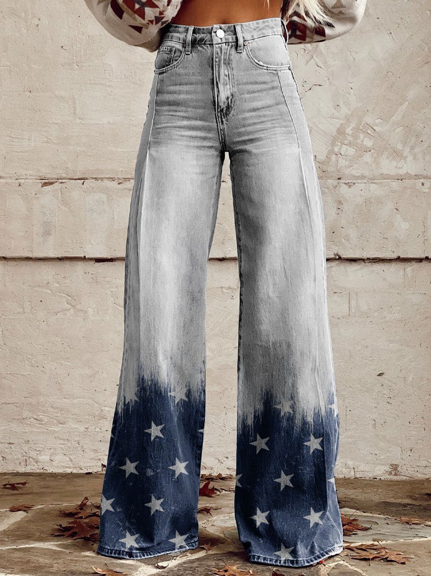 Vintage Stars Print Casual Wide-Leg Pants