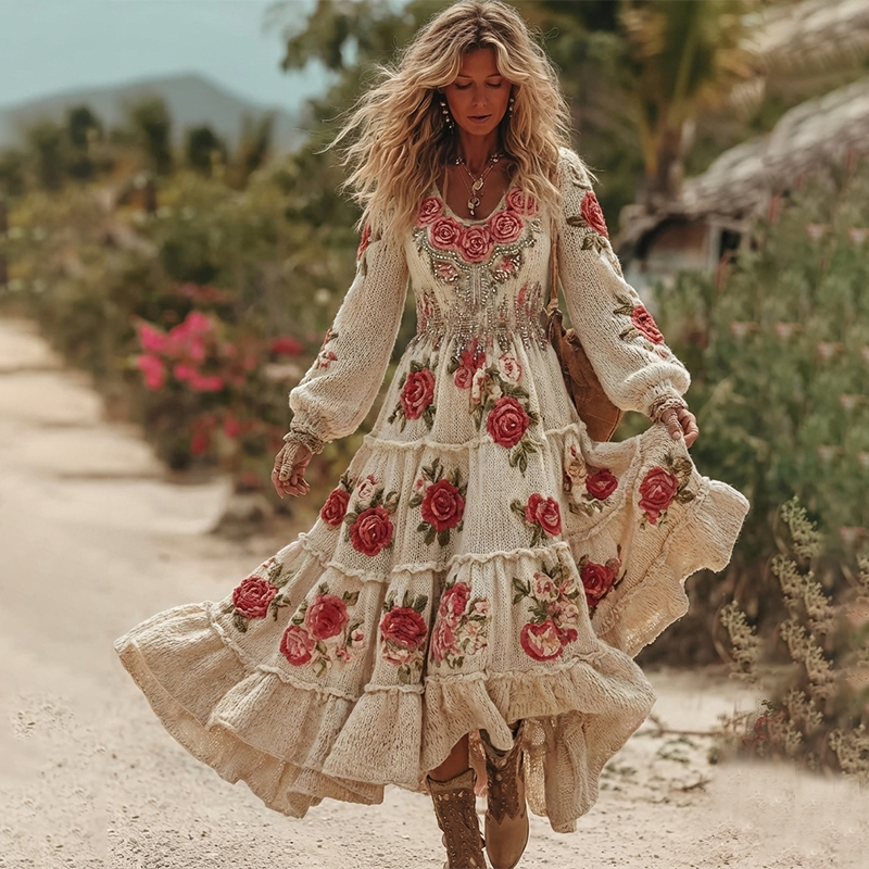 Women's Vintage Romantic Rose Embroidery Art Comfy Knitted Maxi Dress