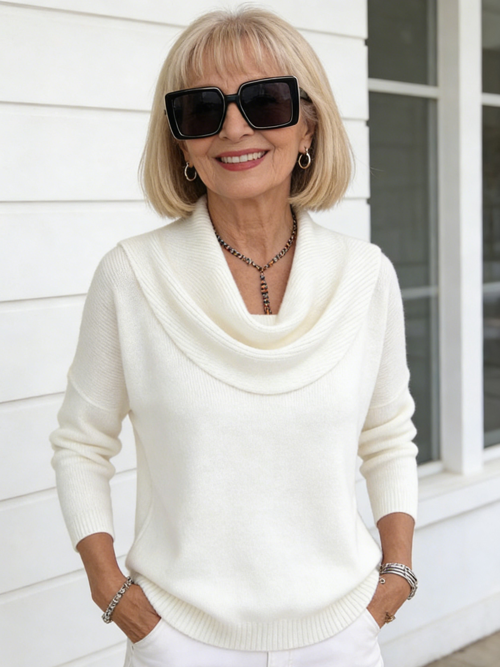 Ivory Cowl-Neck Knit Sweater