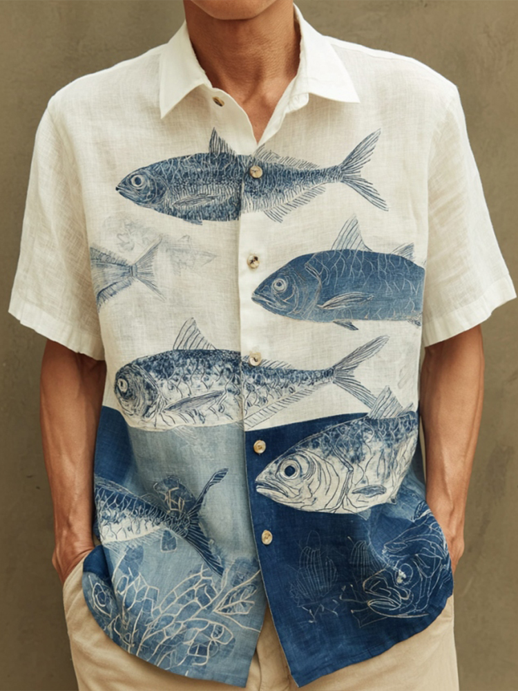 Men's Japanese-style Art Fish Print Color-blocked Short-sleeved Shirt