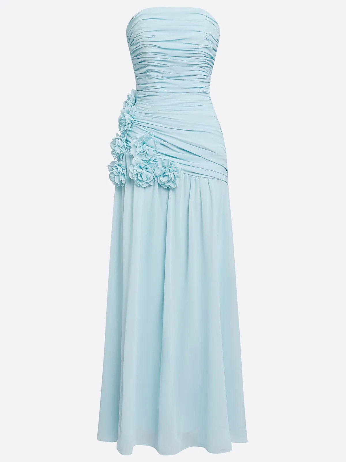 Blue Ruched 3D Floral Chiffon Strapless Sleeveless A-Line Floor-length Gown