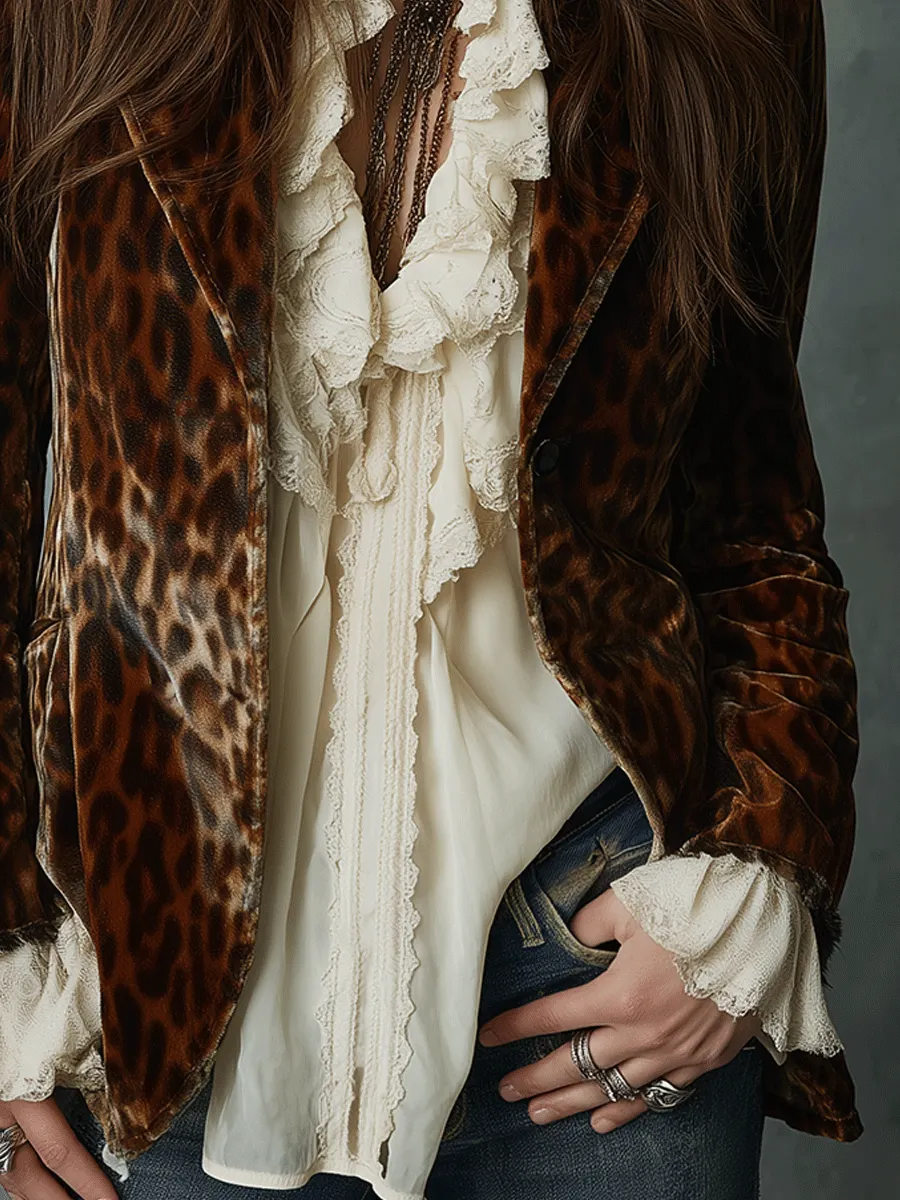 Retro Leopard Pattern Boho Charm Velvet Blazer