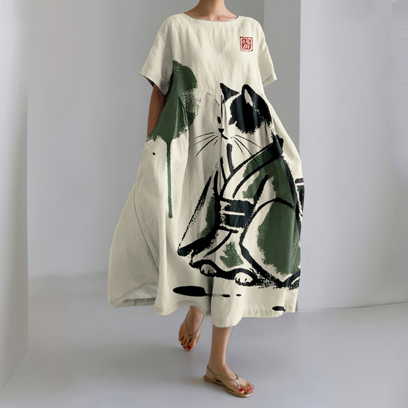 Vintage Japanese Cat Art Print Midi Dress