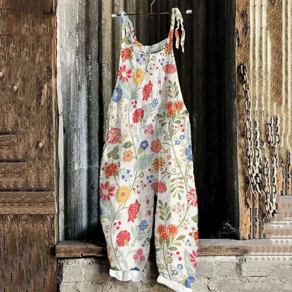 Pastoral Floral Art Print Cotton Linen Casual Jumpsuit
