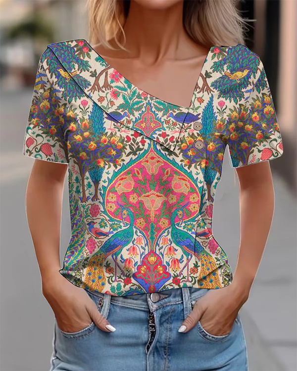 Vintage Peacock Floral Print Cotton Blend Short Sleeve Button Top