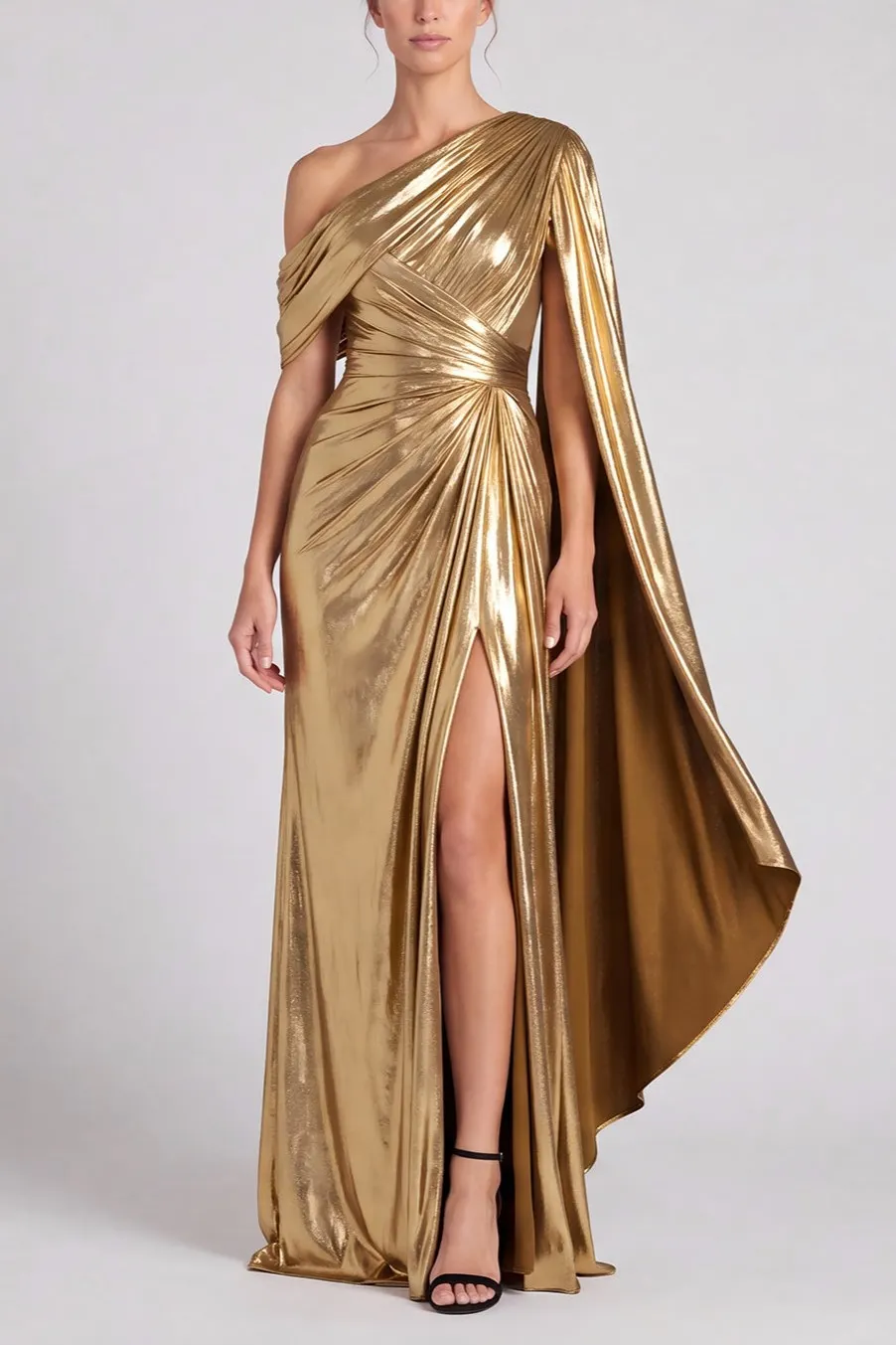 Metallic Gold One-Shoulder Cape Sleeve Ruched Gown