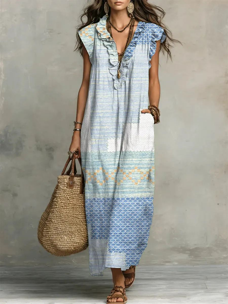 Geometric Print V-Neck Ruffle-Trim Maxi Dress