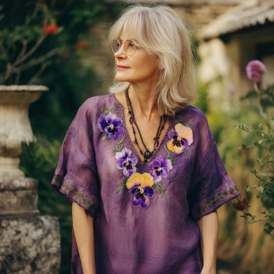 Women's Purple Pansy Embroidery Design Print V-neck Shirt