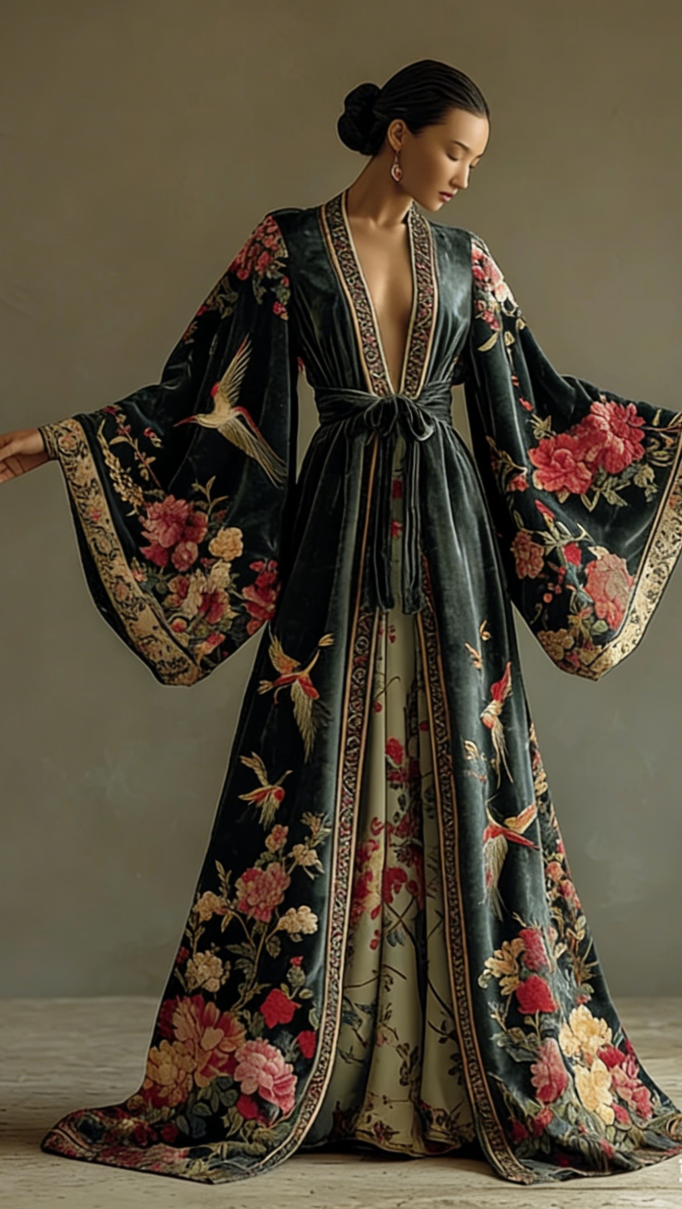 Elegant autumn/winter vintage floral style velvet robe (with belt)