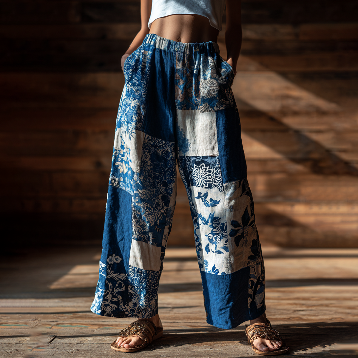 Vintage Japanese Traditional Sashiko With Sakura Art Pattern Linen Blend Casual Pants