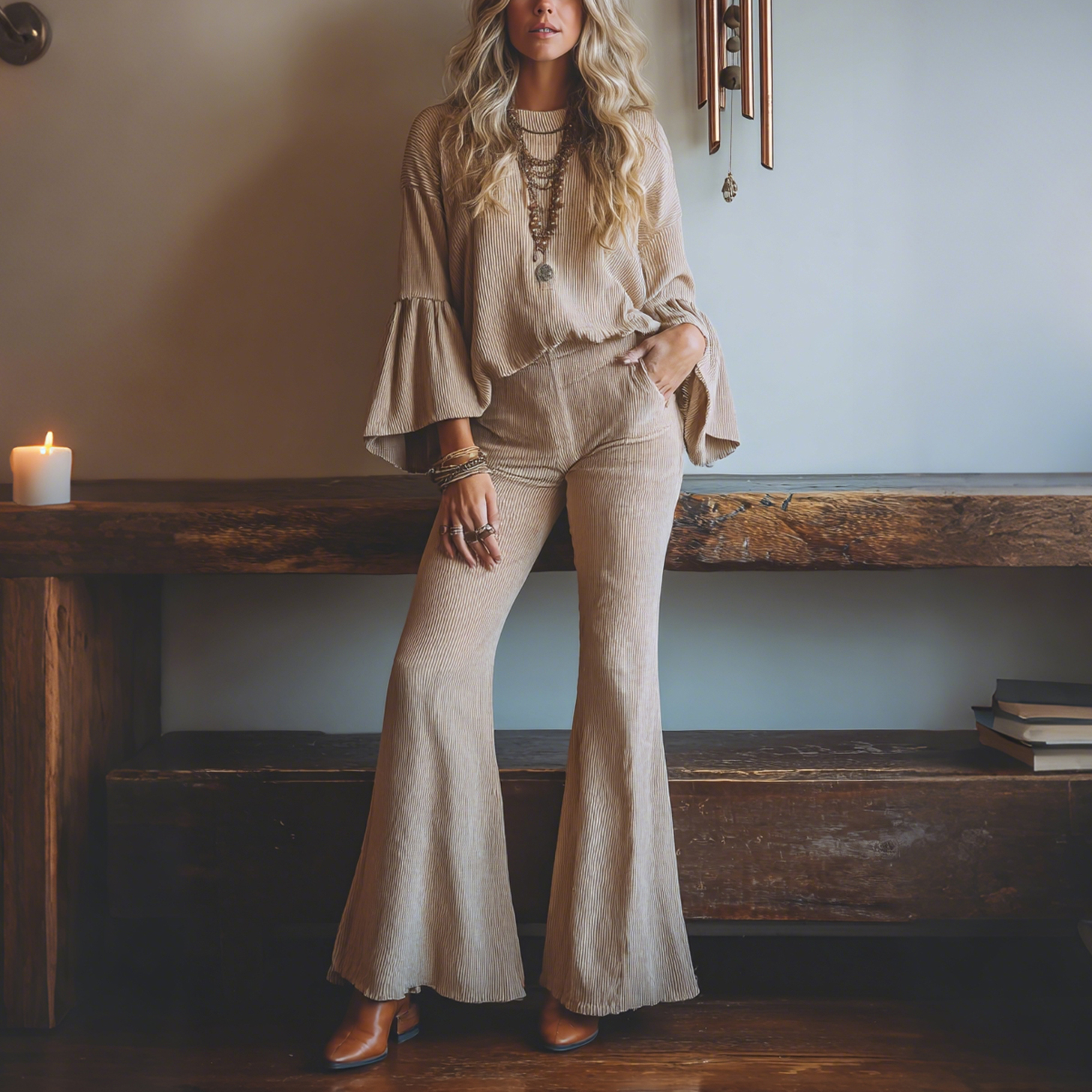 Elegant Lightweight Corduroy Flared Long-sleeved Top And Flared Trousers Set
