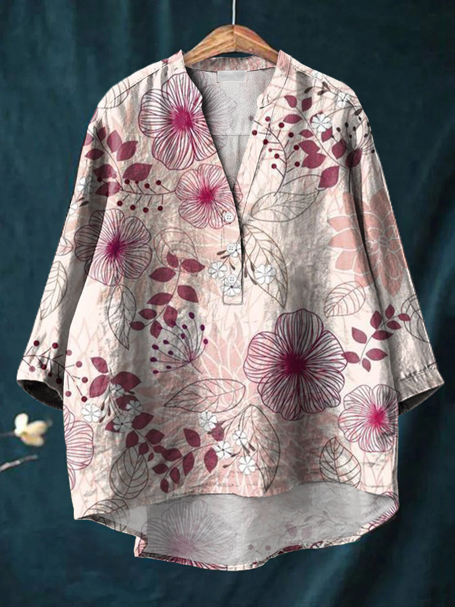 Vintage Art Flower Print Casual Cotton & Linen Ruffle Shirt