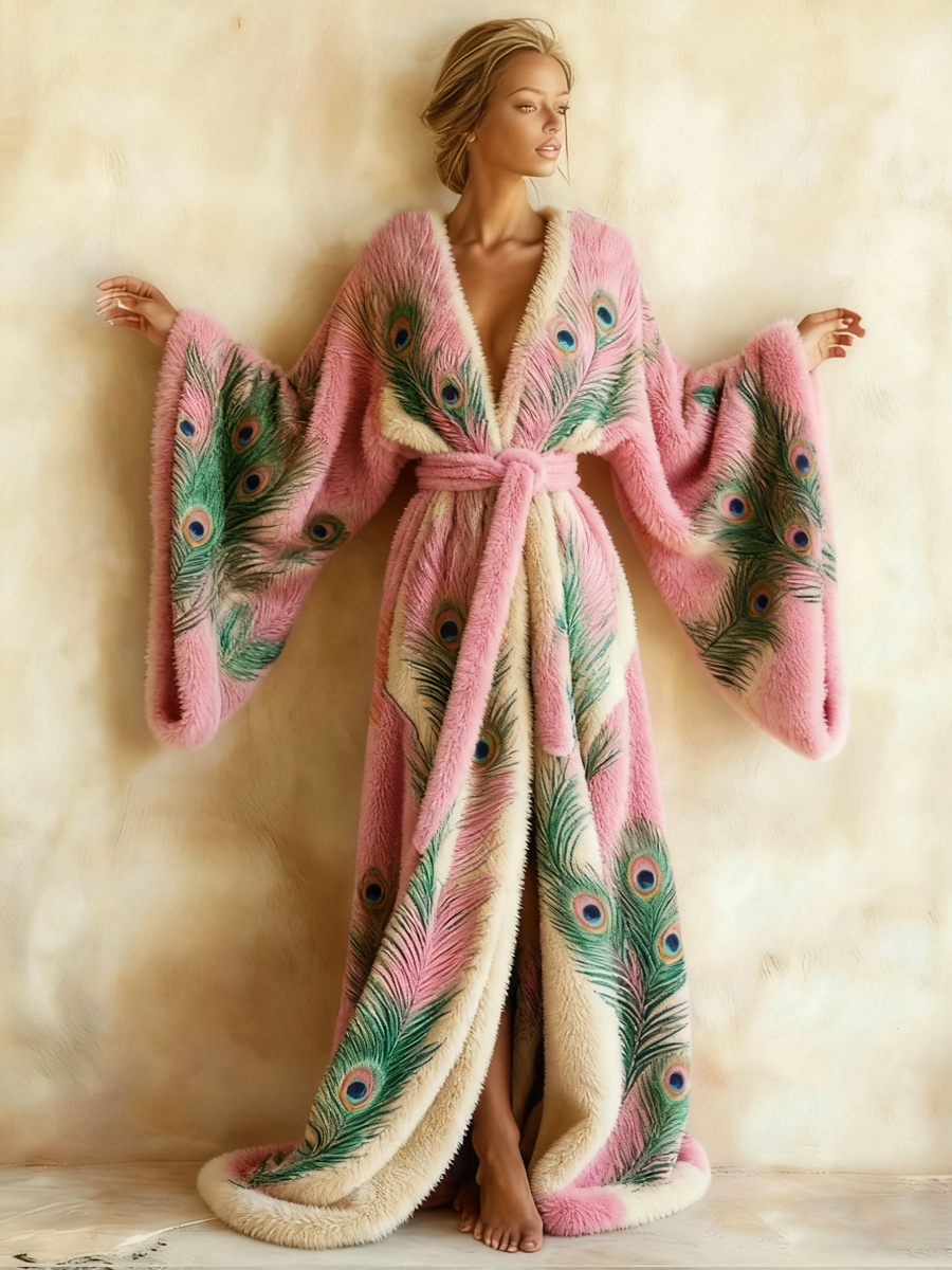 Abstract Art Print Kimono Long Gown Autumn and Winter Robe With Belt