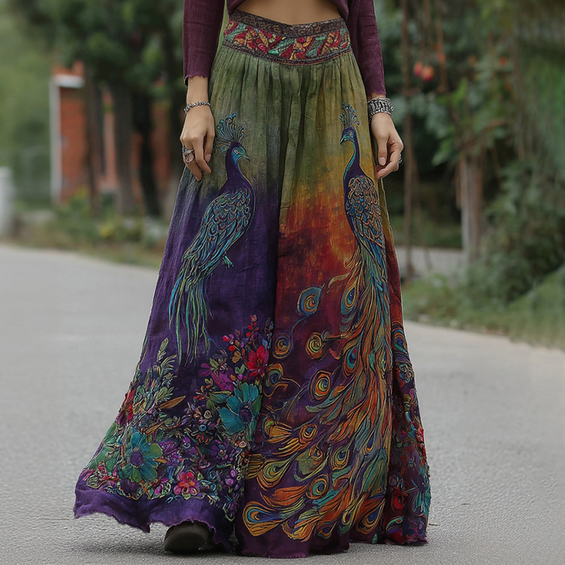 Women's Retro Elegant Peacock Floral Embroidery Art Linen Blend Casual Midi Skirt