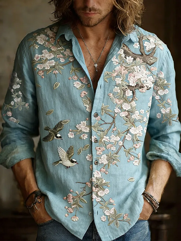 Men's Froal With Birds Embroidery Painting Art Linen Shirt