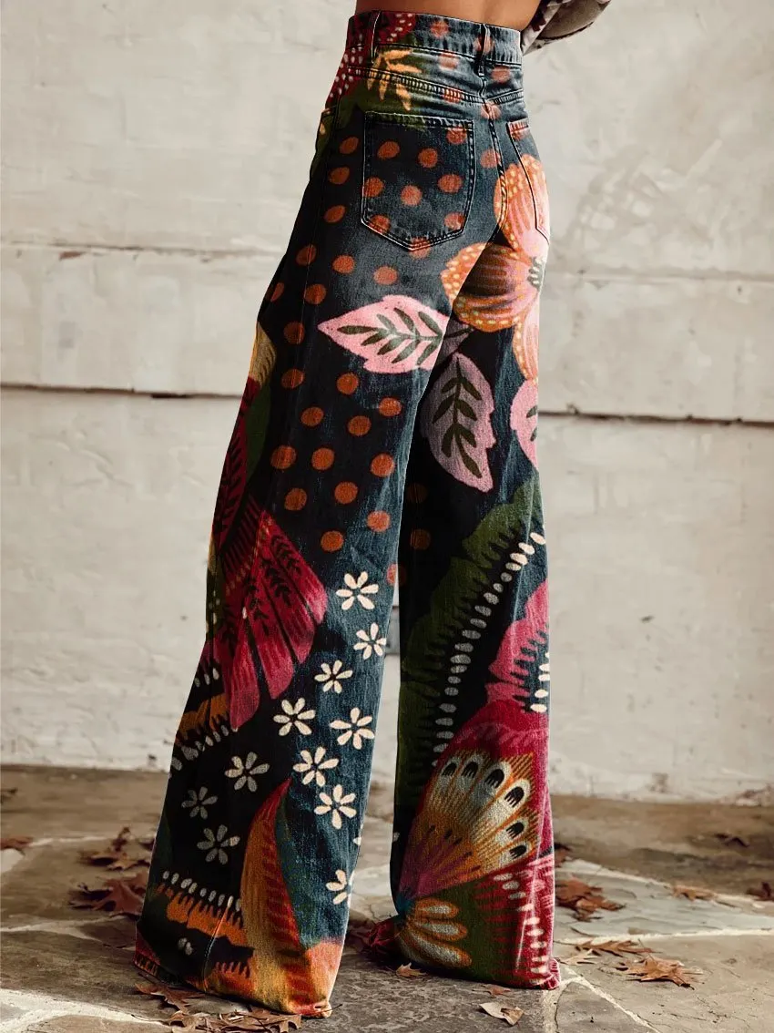 Vintage Print Casual Wide-Leg Pants