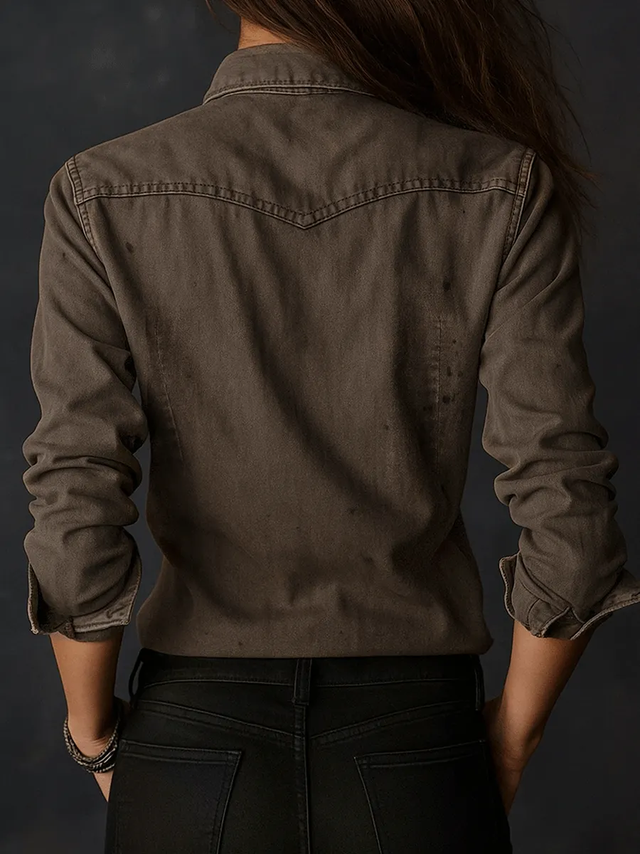 Vintage Washed Taupe Western Slim Fit Button-Down Shirt