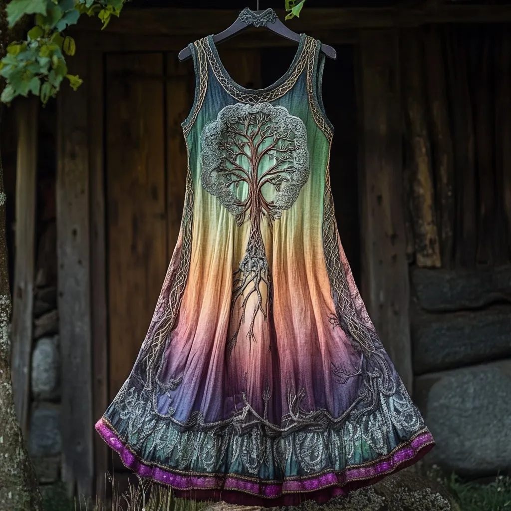 Vintage Tribal Life Of Tree Gradient Art Tank Dress
